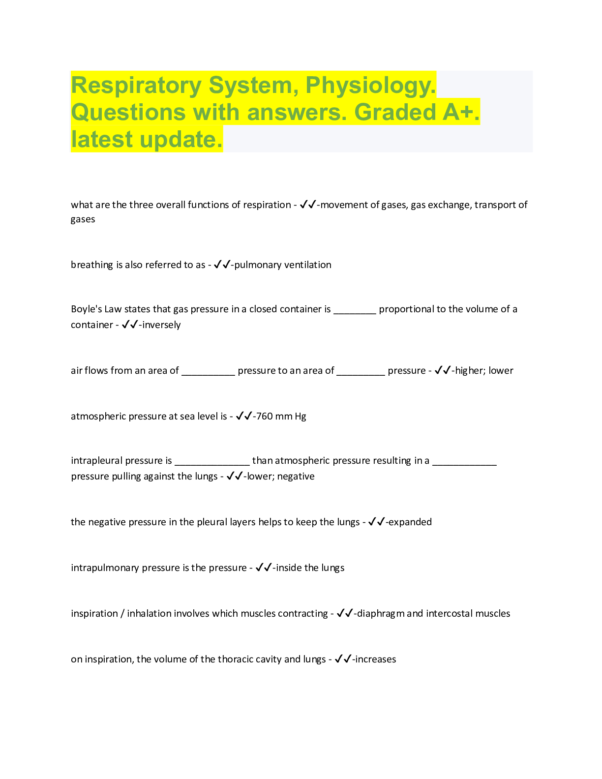 Preview image for Respiratory System, Physiology.  Questions with answers. Graded A+.  latest update.